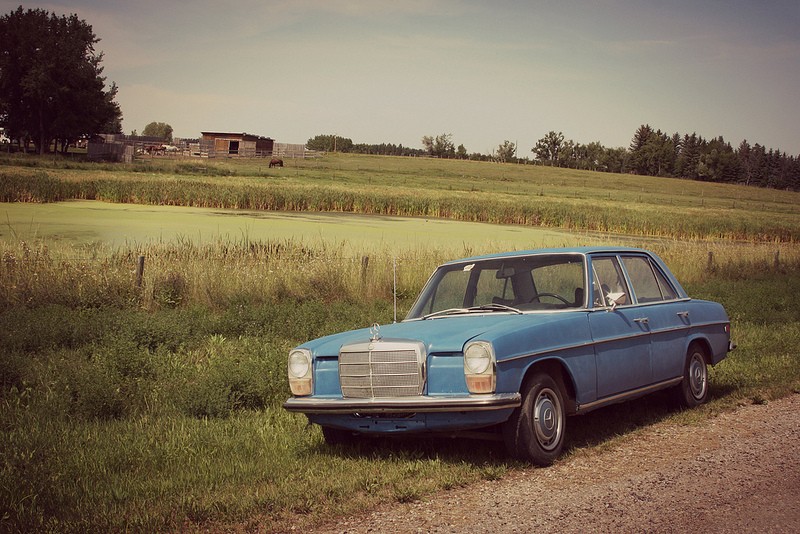 Front view of a 1970 Mercedes Benz 220D, highlighting its classic design