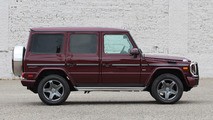 Front quarter view of a purple 2016 Mercedes-Benz G550 showcasing its distinctive boxy silhouette and five-spoke AMG wheels.