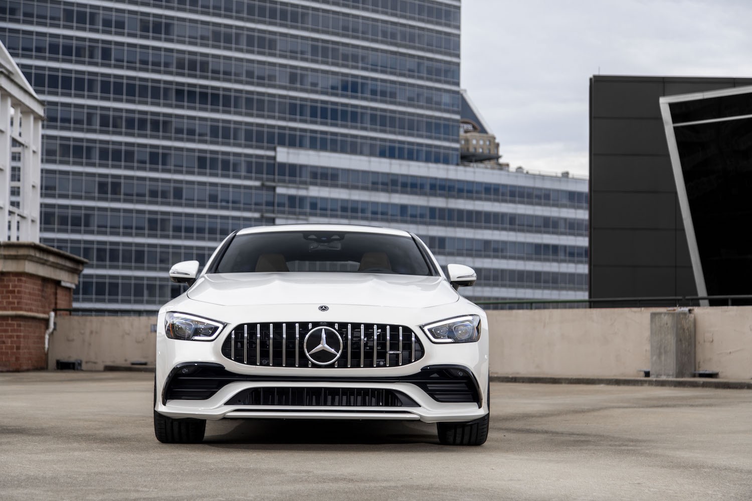 2020 Mercedes-AMG GT 53 exterior design with front grille and Mercedes-Benz logo