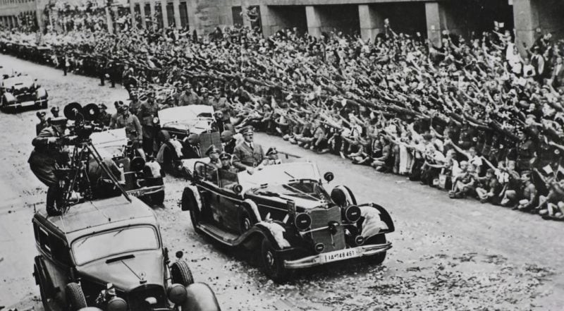 Hitler and Mussolini in Mercedes-Benz 770K during Munich parade, June 18, 1940