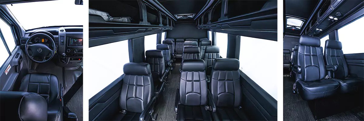 Luxurious interior of a Benz Sprinter rental van, perfect for comfortable group travel in Kansas City.