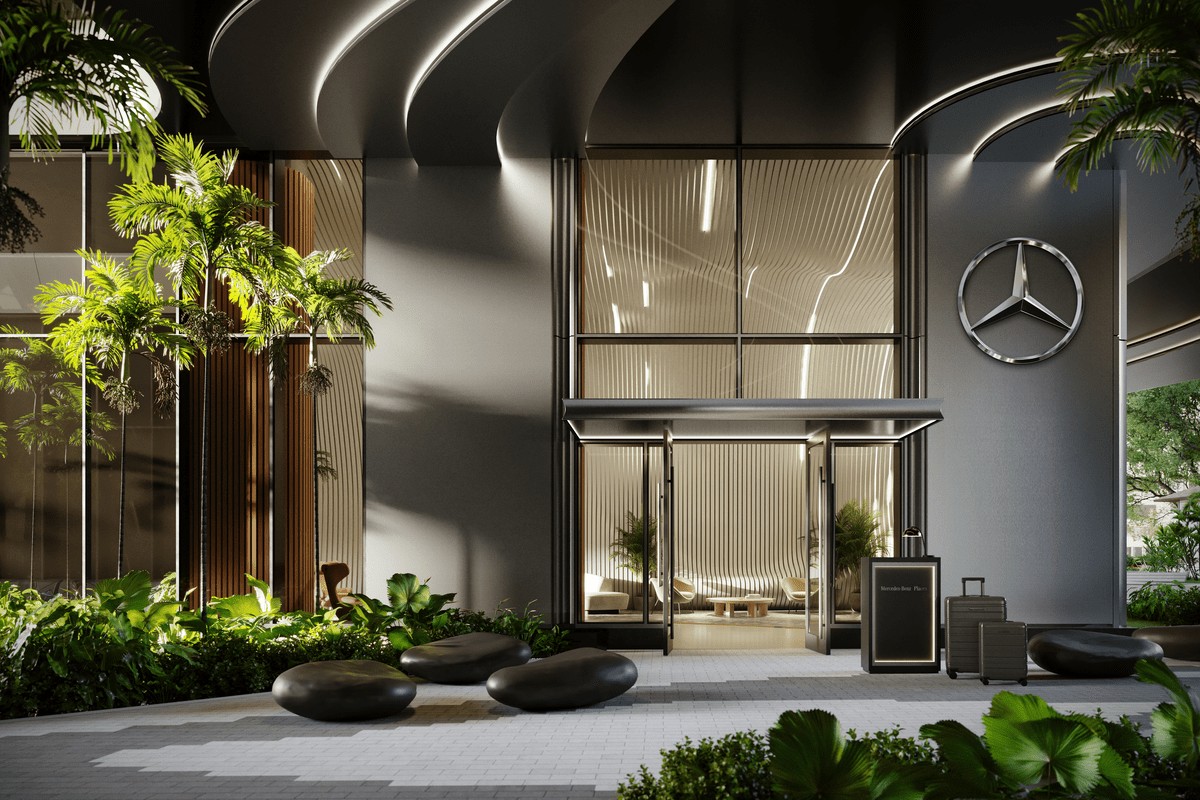 Mercedes-Benz Places Miami lobby exterior showcasing luxury design and the iconic Mercedes-Benz star