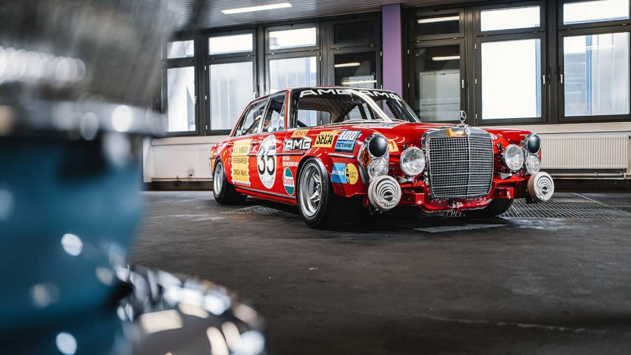 Classic Mercedes-AMG 300 SEL 6.8, a historical model showcasing AMG's early racing and performance heritage, front view