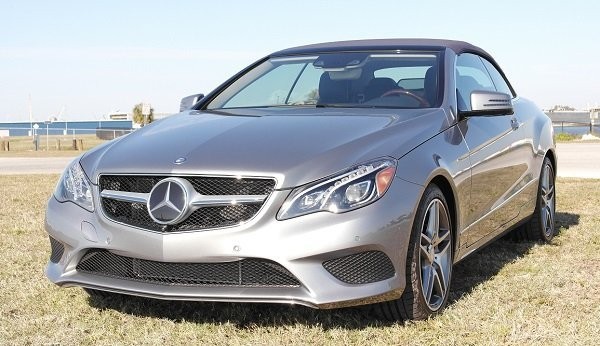 Front view of the silver 2014 Mercedes-Benz E350 Cabriolet showcasing its updated headlight design.