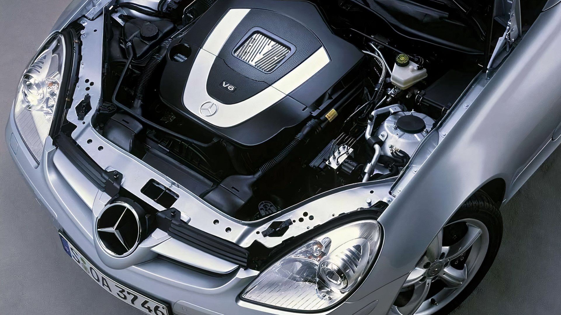 Mercedes-Benz SLK 350 engine bay, showcasing the V6 engine and German engineering