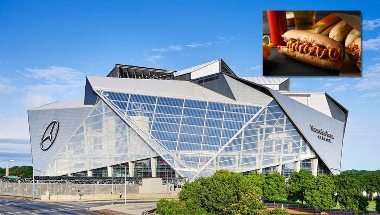 Assortment of affordable food items at Mercedes-Benz Stadium, including hot dogs, popcorn, and waffle fries, highlighting the fan-friendly pricing strategy.