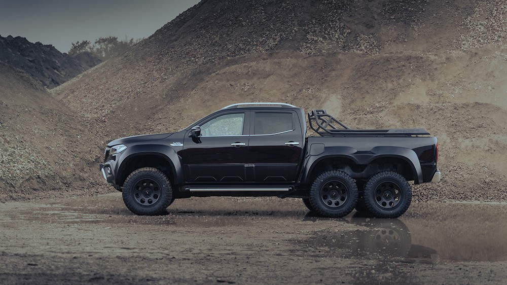 Mercedes-Benz X-Class 6x6 Custom Truck: A six-wheel drive Benz pickup with black edition styling by Classic Youngtimers Consultancy.