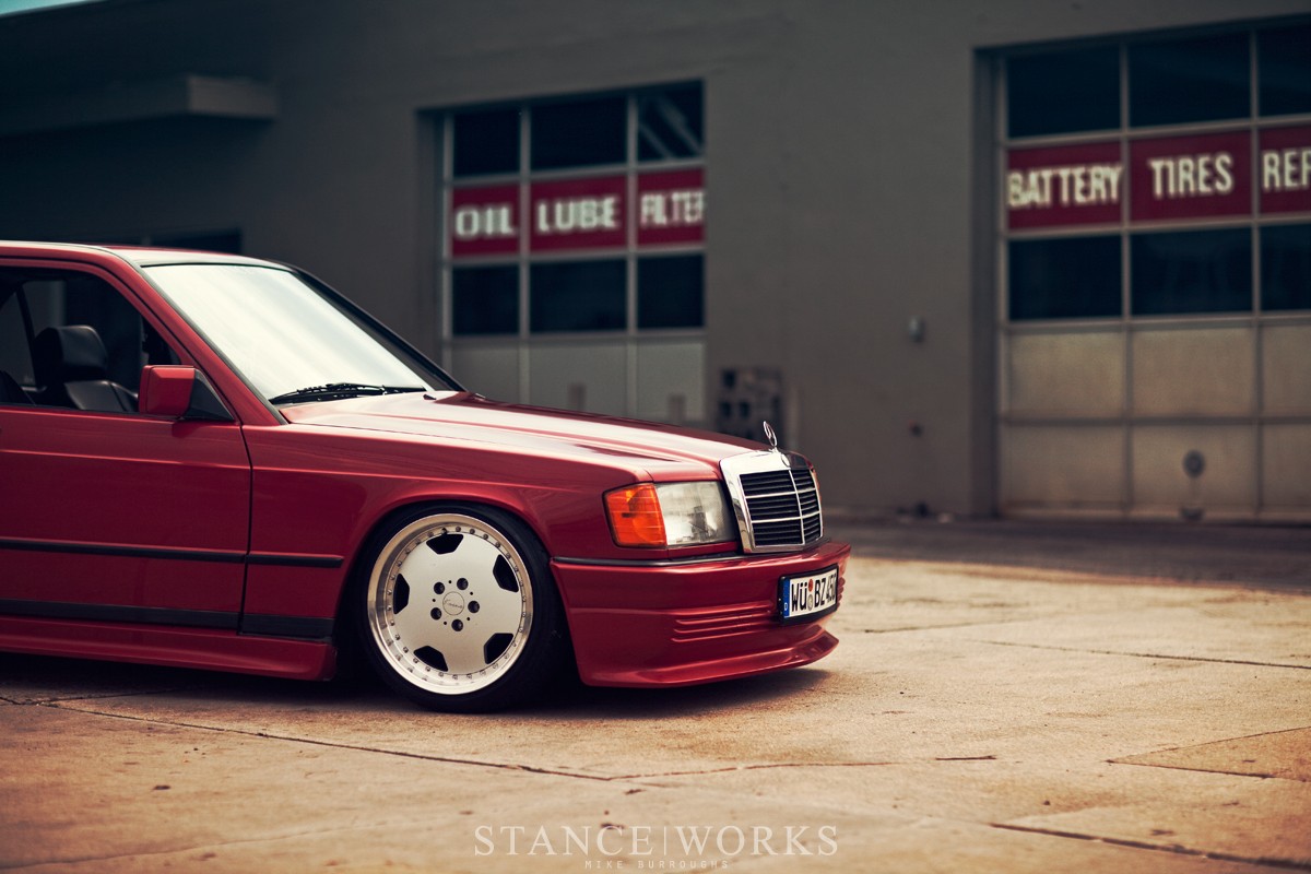 Rodney Nichols' Mercedes 190E, showcasing its unique stance and European flair